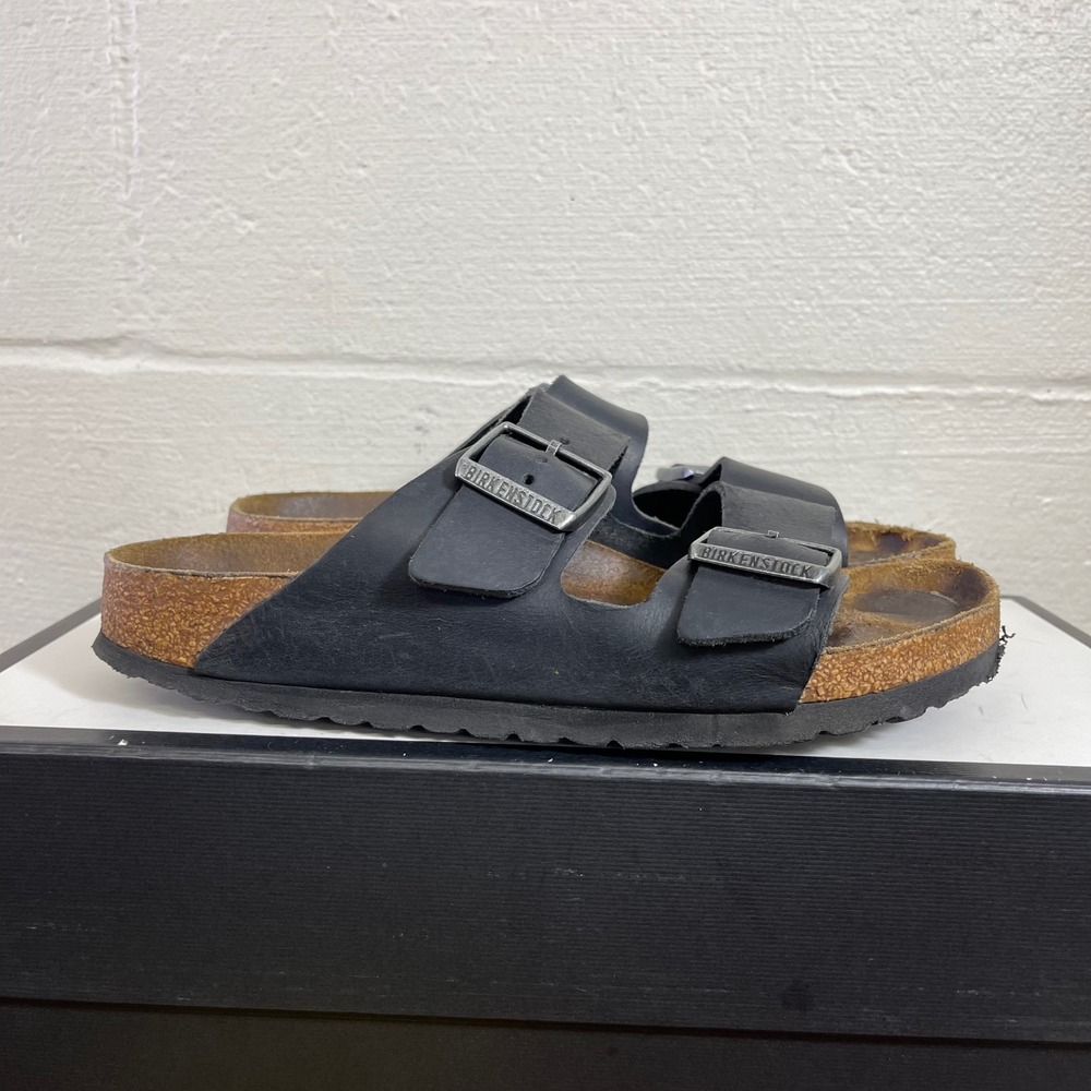 Birkenstock Arizona Black Leather Two Strap Sandals Slip On Women's 38 EU/7 US